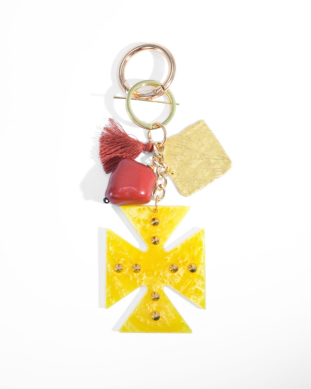 Charm da borsa Croce giallo con pietra rossa e dettaglio dorato