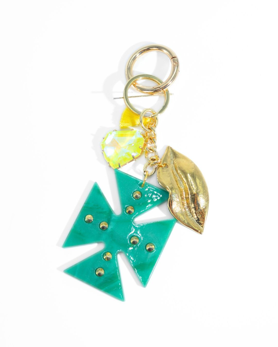 Charm da borsa Geometrico verde con foglia dorata e cristallo iridescente