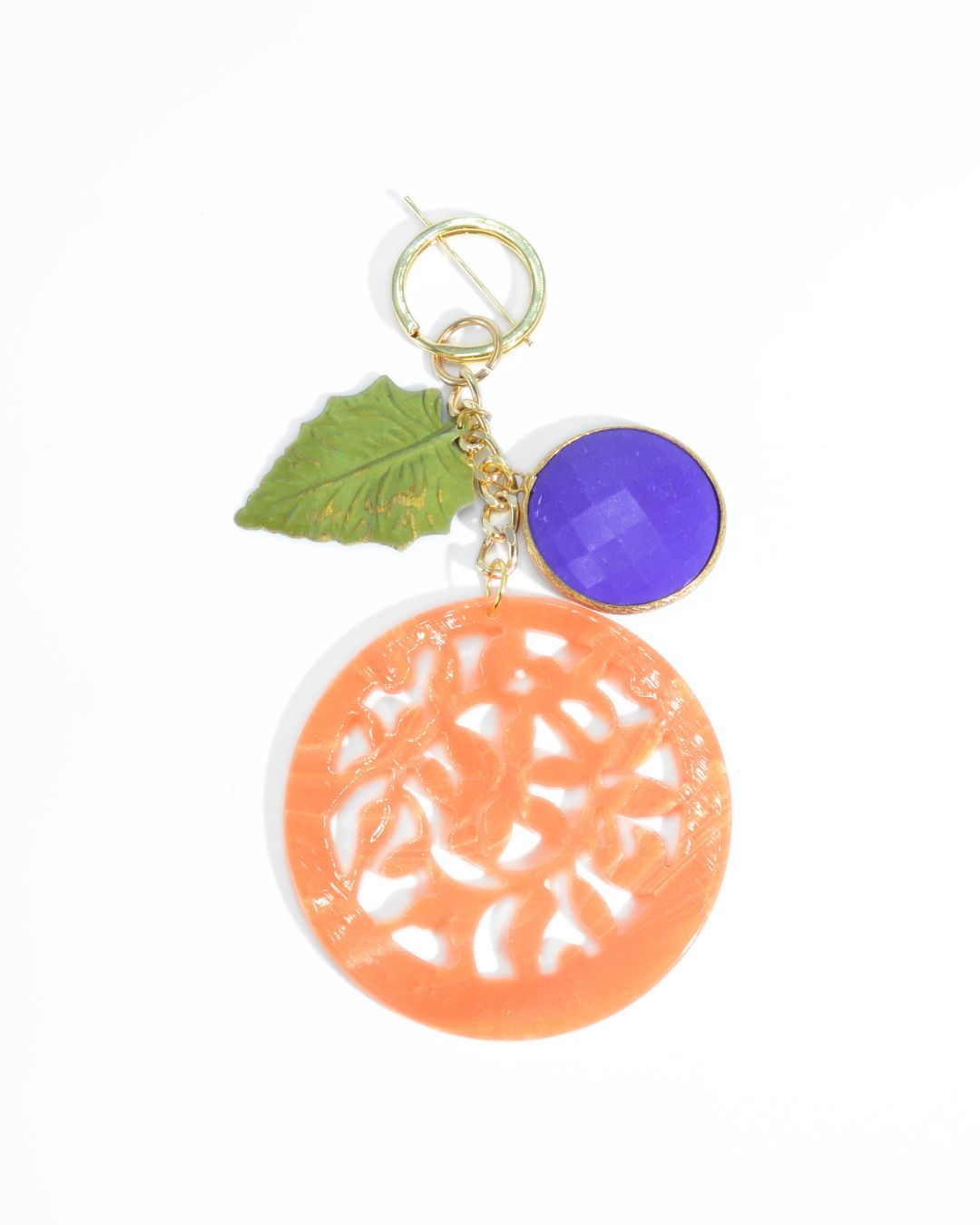 Charm da borsa Mandala arancio con pietra viola e foglia verde