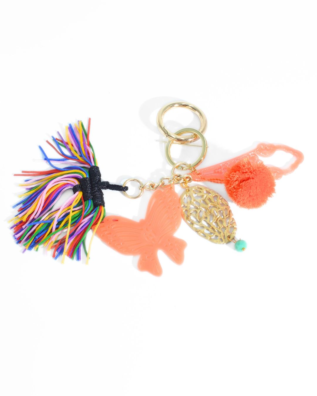 Charm da borsa Papillon corallo con nappina multicolore e dettagli dorati