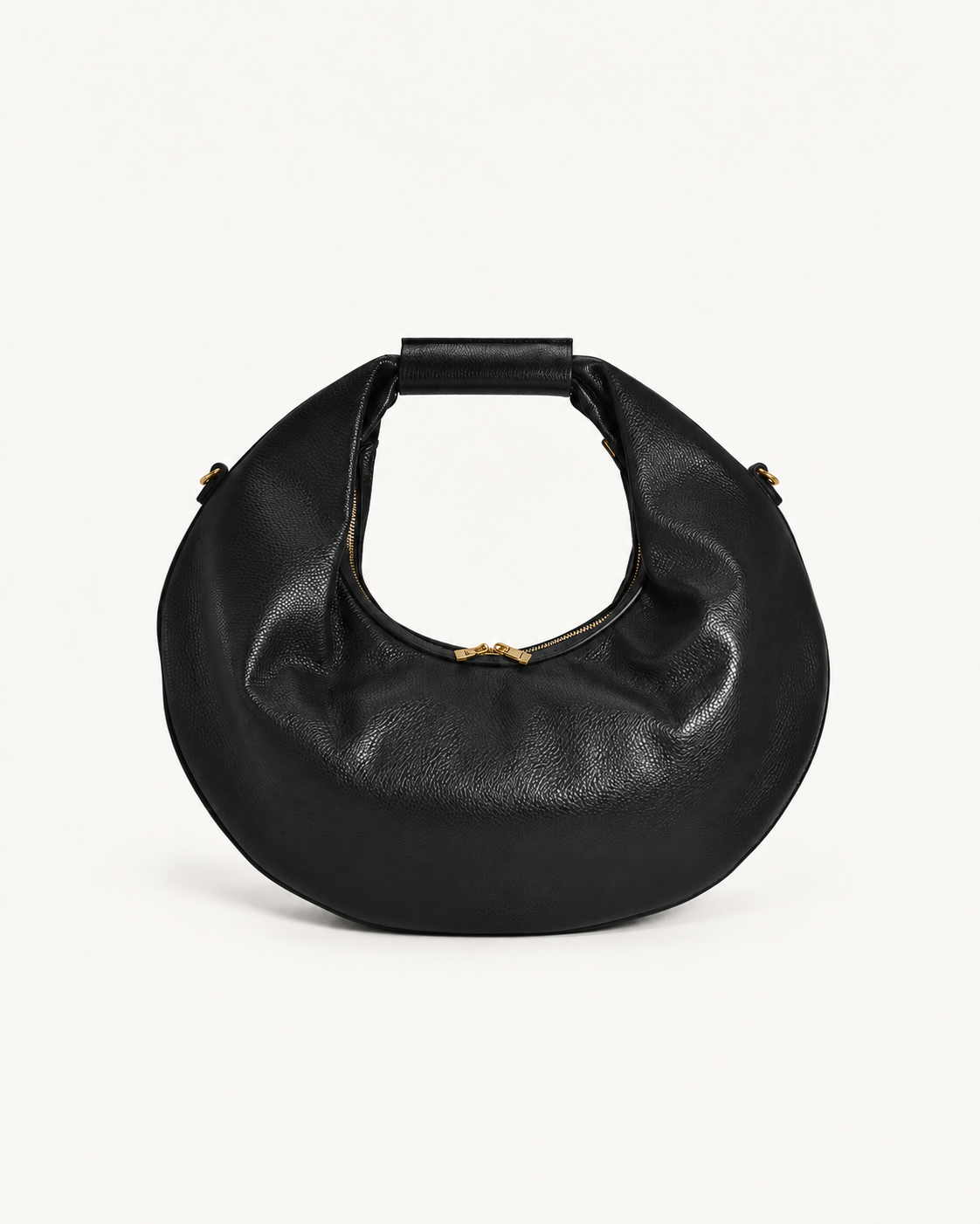 Borsa O’RING ÀLMALA nera, vista frontale con manico ad anello e dettagli color oro